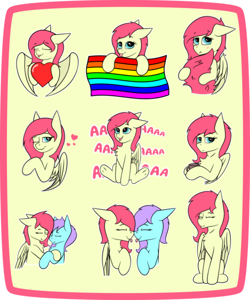 Size: 1500x1801 | Tagged: safe, artist:bitrate16, derpibooru import, oc, oc:eclipse flight, pegasus, pony, blushing, boop, chest fluff, commission, cute, flag, gay pride flag, heart, holding, holding tail, hug, noseboop, pegasus oc, pride, pride flag, smiling, sticker, sticker set, telegram sticker, wings, your character here