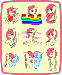 Size: 1500x1801 | Tagged: safe, artist:bitrate16, derpibooru import, oc, oc:eclipse flight, pegasus, pony, blushing, boop, chest fluff, commission, cute, flag, gay pride flag, heart, holding, holding tail, hug, noseboop, pegasus oc, pride, pride flag, smiling, sticker, sticker set, telegram sticker, wings, your character here