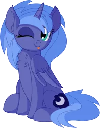Size: 5844x7454 | Tagged: safe, artist:cyanlightning, derpibooru import, princess luna, alicorn, pony, .svg available, :p, absurd resolution, blinking, cute, ear fluff, female, lunabetes, mare, one eye closed, s1 luna, simple background, sitting, smiling, solo, tongue out, transparent background, vector