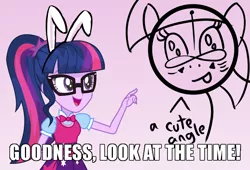 Size: 700x475 | Tagged: safe, alternate version, artist:wawtoons, derpibooru import, edit, sci-twi, twilight sparkle, twilight sparkle (alicorn), alicorn, equestria girls, :p, bowtie, bunny ears, caption, clock, clothes, dress, glasses, image macro, infinity, look at the time, meme, my little pony logo, pointing, ponytail, skirt, speech, talking, text, tongue out, unknown pony, vector