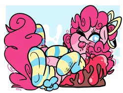 Size: 4000x3000 | Tagged: safe, artist:befishproductions, derpibooru import, pinkie pie, earth pony, pony, clothes, cute, diapinkes, food, one eye closed, socks, solo, striped socks, tongue out, wingding eyes, wink