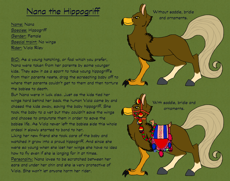 Size: 1412x1112 | Tagged: artist:chili19, derpibooru import, duo, hippogriff, hippogriff oc, oc, oc:nana, reference sheet, saddle, safe, tack, text, unofficial characters only, wingless