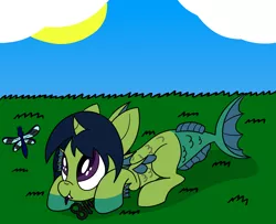 Size: 1866x1514 | Tagged: safe, artist:notadeliciouspotato, derpibooru import, oc, oc:demon hellspawn, unofficial characters only, dragonfly, insect, baby, colored hooves, colored tongue, colt, commission, curved horn, face down ass up, fangs, fins, fish tail, horn, jewelry, leviathan cross, looking up, magical gay spawn, male, necklace, offspring, scales, solo, tongue out