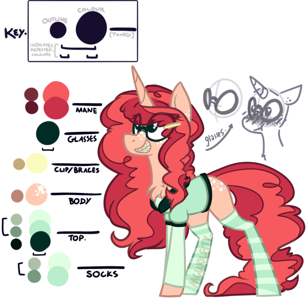 Size: 2481x2417 | Tagged: safe, artist:mcwolfity, deleted from derpibooru, derpibooru import, oc, unofficial characters only, pony, unicorn, blushing, bust, chest fluff, clothes, eye clipping through hair, female, glasses, grin, horn, leg warmers, mare, nerd, reference sheet, simple background, sketch, smiling, socks, striped socks, text, transparent background, unicorn oc