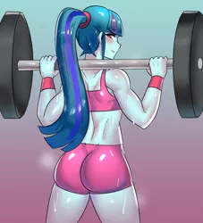 Size: 800x880 | Tagged: suggestive, artist:tzc, derpibooru import, part of a set, sonata dusk, equestria girls, anime, ass, barbell, blushing, butt, clothes, compression shorts, gym uniform, looking at you, looking back, looking back at you, midriff, muscles, ponytail, smiling, solo, sonata donk, sports bra, sweat, swolenata dusk, weight lifting, workout, workout outfit