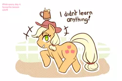 Size: 1181x787 | Tagged: safe, artist:burgeroise, derpibooru import, applejack, earth pony, pony, the super speedy cider squeezy 6000, cider, cowboy hat, fence, hat, holding head, i didn't learn anything