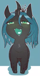 Size: 473x888 | Tagged: abstract background, artist:cold-blooded-twilight, blushing, changeling, changeling queen, cropped, cute, cutealis, derpibooru import, edit, female, filly, filly queen chrysalis, heart tongue, looking up, quadrupedal, queen chrysalis, safe, smug, solo, suggestive description, younger