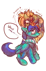 Size: 480x735 | Tagged: safe, artist:dollfins, derpibooru import, oc, oc:gray matter, oc:mcgack, unofficial characters only, earth pony, pegasus, pony, undead, zombie, zombie pony, bandage, clothes, duo, earth pony oc, female, glasses, male, mare, pegasus oc, scarf, simple background, speech, stallion, talking, transparent background, wings, worried