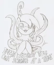 Size: 640x773 | Tagged: safe, artist:ravenpuff, deleted from derpibooru, derpibooru import, oc, unofficial characters only, monster pony, pony, bust, cute, cute little fangs, fangs, grayscale, hooves together, monochrome, smiling, solo, tentacles, traditional art