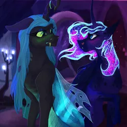 Size: 2000x2000 | Tagged: alicorn, artist:silly-draconeqques, bioluminescent, blushing, changeling, changeling queen, chrysaluna, derpibooru import, ethereal mane, fangs, female, lesbian, looking at each other, princess luna, queen chrysalis, redesign, safe, shipping, slit eyes