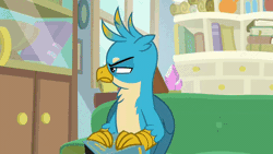 Size: 520x293 | Tagged: safe, derpibooru import, screencap, gallus, smolder, dragon, gryphon, student counsel, :), :<, >:<, amused, angry, animated, book, brat, bummer, burnt, camera pan, claw hold, claws, collapse, couch, destroyed, disrespectful, dragoness, duo, eyeroll, eyes rolling back, fangs, female, folded wings, gallus' book, gallus is not amused, gif, guilty pleasure, hand on chin, head turn, head turned, horns, horrible, lidded eyes, loop, male, no regrets, school of friendship, shrunken pupils, sly, smiling, smirk, smugder, starlight's office, talons, teenaged dragon, teenager, tragedy, turning, unamused, uploader:giffycharacters, upset, wings, worth it