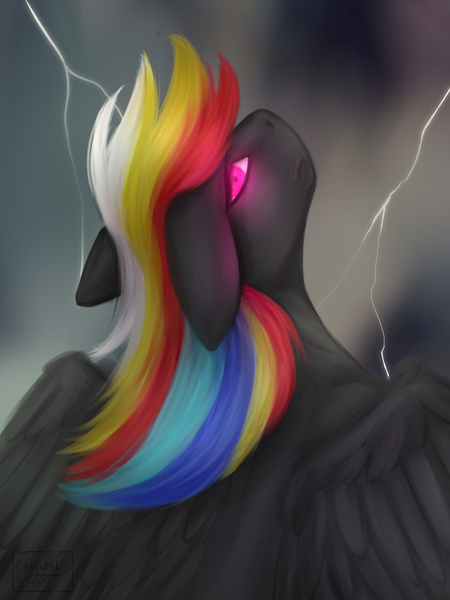 Size: 1772x2362 | Tagged: safe, artist:chrystal2288, artist:chrystal_company, artist:nightmarechrystal, derpibooru import, oc, oc:darky wings, unofficial characters only, pegasus, pony, dark cloud, glowing eyes, lightning, pink eyes