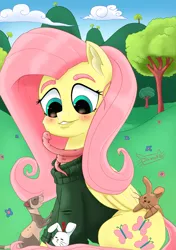 Size: 3035x4299 | Tagged: safe, artist:jomok0, derpibooru import, fluttershy, pegasus, pony, rabbit, snake, animal, blushing, bottomless, clothes, cuddling, cute, cutie mark, female, flower, folded wings, happy, looking at something, mare, outdoors, partial nudity, shyabetes, sitting, sleeping, smiling, sweater, sweatershy, tree, wings