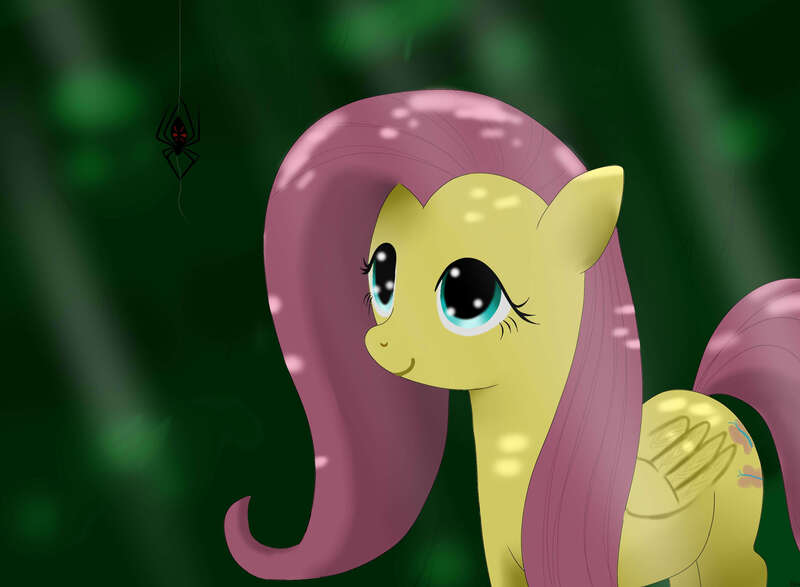 Size: 3000x2200 | Tagged: safe, artist:mricantdraw, derpibooru import, fluttershy, pegasus, pony, spider, exploitable meme, female, folded wings, forest, looking at something, looking up, mare, meme, nature is so fascinating, obligatory pony, smiling, solo, three quarter view, wings