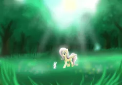 Size: 3000x2100 | Tagged: angel bunny, artist:mricantdraw, derpibooru import, fluttershy, forest, grass, safe, sun