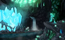 Size: 3200x2000 | Tagged: artist:mricantdraw, cave, crystal, derpibooru import, queen chrysalis, river, safe, solo, waterfall