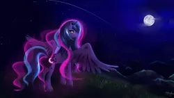 Size: 4000x2250 | Tagged: safe, artist:mricantdraw, derpibooru import, princess luna, alicorn, pony, female, mare, moon, night, scenery, shooting star, solo