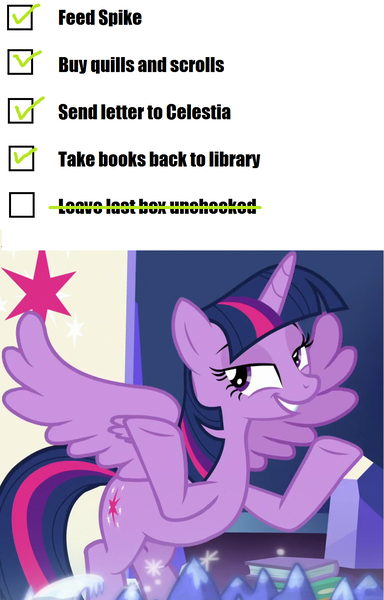 Size: 976x1524 | Tagged: safe, derpibooru import, edit, editor:eden89, twilight sparkle, twilight sparkle (alicorn), alicorn, pony, shadow play, book, checklist, cutie map, meme, paradox, smuglight sparkle, solo, solution, winlight sparkle