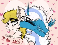 Size: 1021x783 | Tagged: adorabelle, artist:beamybutt, bow, cute, derpibooru import, ear fluff, eyes closed, fleurden, hair bow, hearts and hooves day, kissing, kiss on the cheek, oc, oc:fleurbelle, oc:golden skies, safe, suprised look