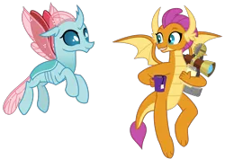 Size: 3269x2319 | Tagged: adult, all is well, artist:sketchmcreations, changedling, changeling, derpibooru import, dragon, dragoness, duo, female, flying, food, insect wings, looking at each other, mug, notepad, ocellus, older, older ocellus, older smolder, safe, sextant, simple background, smiling, smolder, spread wings, tea, the last problem, transparent background, vector, wings