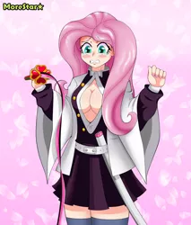 Size: 1712x2005 | Tagged: suggestive, artist:morestar, derpibooru import, fluttershy, bat pony, human, absolute cleavage, breasts, busty fluttershy, cleavage, clothes, cosplay, costume, flutterbat, humanized, kimetsu no yaiba, race swap, scabbard, solo