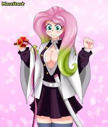Size: 1712x2005 | Tagged: suggestive, alternate version, artist:morestar, derpibooru import, fluttershy, bat pony, human, absolute cleavage, breasts, busty fluttershy, cleavage, clothes, cosplay, costume, flutterbat, humanized, kimetsu no yaiba, race swap, scabbard, solo