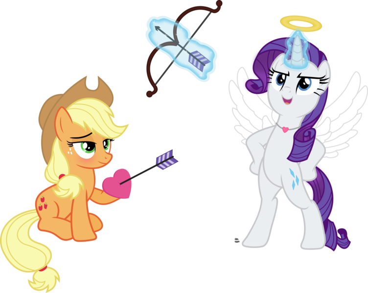Size: 3623x2889 | Tagged: safe, artist:anime-equestria, derpibooru import, applejack, rarity, earth pony, unicorn, angel, arrow, blushing, bow (weapon), bow and arrow, confident, duo, female, halo, heart, holiday, jewelry, lesbian, levitation, love, magic, necklace, rarijack, shipping, simple background, sitting, standing, standing up, telekinesis, transparent background, valentine's day, vector, weapon