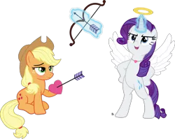 Size: 3623x2889 | Tagged: safe, artist:anime-equestria, derpibooru import, applejack, rarity, earth pony, unicorn, angel, arrow, blushing, bow (weapon), bow and arrow, confident, duo, female, halo, heart, holiday, jewelry, lesbian, levitation, love, magic, necklace, rarijack, shipping, simple background, sitting, standing, standing up, telekinesis, transparent background, valentine's day, vector, weapon