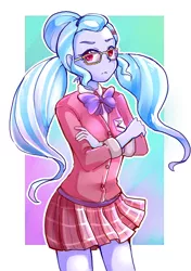 Size: 1000x1420 | Tagged: safe, artist:hobilo, derpibooru import, sugarcoat, equestria girls, clothes, crossed arms, crystal prep academy uniform, glasses, looking at you, miniskirt, pigtails, plaid skirt, pleated skirt, school uniform, skirt, solo, twintails, unamused