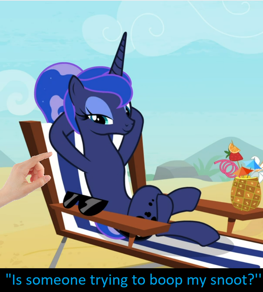 Size: 784x872 | Tagged: attempted boop, between dark and dawn, boop, boop edit, bronybait, caption, cropped, cute, derpibooru import, edit, edited screencap, glasses, hand, human, meta, missing accessory, princess luna, safe, screencap, snoot, sunbathing, sunglasses, text