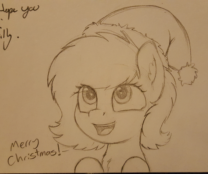 Size: 2197x1836 | Tagged: safe, artist:smoldix, derpibooru import, oc, oc:anonfilly, unofficial characters only, pony, bust, chest fluff, christmas, dialogue, female, filly, happy, hat, holiday, merry christmas, open mouth, pencil drawing, santa hat, solo, traditional art