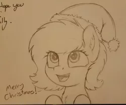 Size: 2197x1836 | Tagged: safe, artist:smoldix, derpibooru import, oc, oc:anonfilly, unofficial characters only, pony, bust, chest fluff, christmas, dialogue, female, filly, happy, hat, holiday, merry christmas, open mouth, pencil drawing, santa hat, solo, traditional art