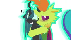 Size: 1600x900 | Tagged: artist:chrystalestia, changedling, changeling, chrysarax, derpibooru import, hug, king thorax, queen chrysalis, safe, shipping, simple background, thorax, to where and back again, white background