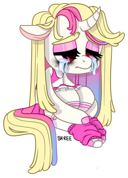 Size: 1024x1425 | Tagged: safe, artist:sk-ree, derpibooru import, oc, oc:hanahaki, pony, unicorn, chibi, clothes, crying, curved horn, female, horn, leg warmers, mare, pleated skirt, shirt, shoes, simple background, skirt, solo, transparent background