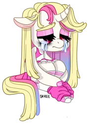 Size: 1024x1425 | Tagged: safe, artist:sk-ree, derpibooru import, oc, oc:hanahaki, pony, unicorn, chibi, clothes, crying, curved horn, female, horn, leg warmers, mare, pleated skirt, shirt, shoes, simple background, skirt, solo, transparent background