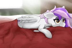 Size: 5000x3340 | Tagged: safe, artist:waffletheheadmare, derpibooru import, oc, oc:mewio, unofficial characters only, pegasus, pony, bed, cover, cutie mark, eyelashes, eyeshadows, female, floppy ears, half-closed eyes, lying down, mare, multicolored hair, quilt, smiling, sun ray, wardrobe, window, wings