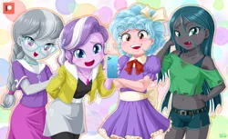 Size: 1400x854 | Tagged: safe, artist:uotapo, derpibooru import, cozy glow, diamond tiara, queen chrysalis, silver spoon, equestria girls, belly button, belt, blushing, braided ponytail, clothes, compression shorts, cozybetes, cute, cute little fangs, cutealis, denim shorts, diamondbetes, dress, equestria girls-ified, fangs, glasses, iphone, jewelry, laughing, legs, looking at you, midriff, mobile phone, necklace, open mouth, phone, sexy, short shirt, shorts, silverbetes, skirt, thighs, tomboy, young, younger