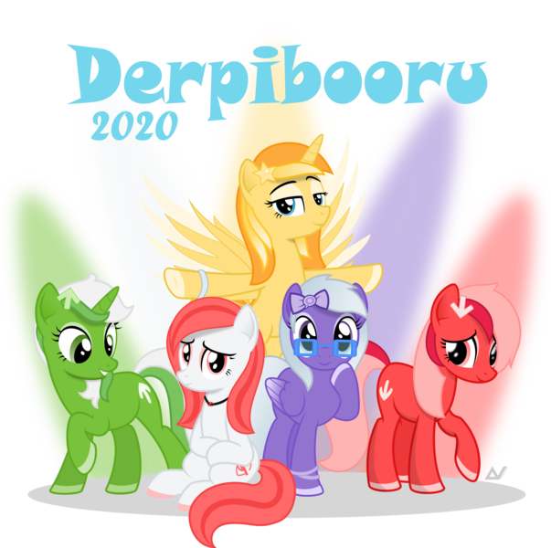 Size: 3000x2985 | Tagged: safe, artist:arifproject, derpibooru import, oc, oc:comment, oc:downvote, oc:favourite, oc:hide image, oc:upvote, ponified, unofficial characters only, alicorn, earth pony, pegasus, pony, unicorn, derpibooru, 2020, cute, derpibooru ponified, grin, group photo, meta, raised hoof, simple background, sitting, smiling, spread wings, vector, wings