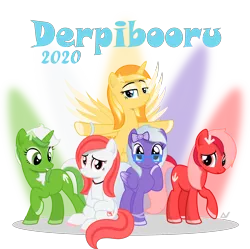 Size: 3000x2985 | Tagged: safe, artist:arifproject, derpibooru import, oc, oc:comment, oc:downvote, oc:favourite, oc:hide image, oc:upvote, ponified, unofficial characters only, alicorn, earth pony, pegasus, pony, unicorn, derpibooru, 2020, cute, derpibooru ponified, grin, group photo, meta, raised hoof, simple background, sitting, smiling, spread wings, vector, wings