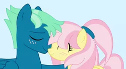 Size: 3680x2028 | Tagged: safe, artist:melimoo2000, derpibooru import, fluttershy, sky stinger, pegasus, pony, base used, blushing, couple, eyebrows, eyes closed, female, fluffy mane, folded wings, holding, husband and wife, male, mane highlights, mare, mare and stallion, nuzzling, shipping, simple background, stallion, tail, tied mane, wings