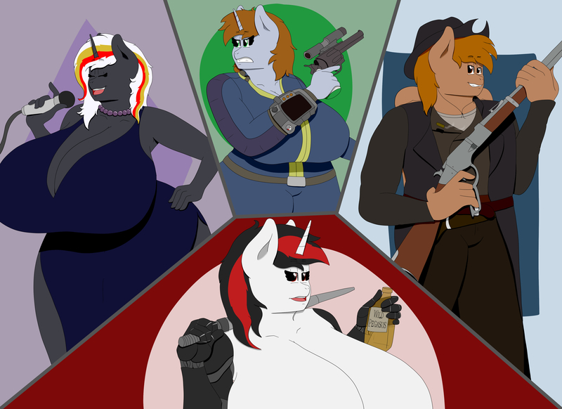 Size: 4400x3200 | Tagged: suggestive, artist:charlyc1995, derpibooru import, oc, oc:blackjack, oc:calamity, oc:littlepip, oc:velvet remedy, unofficial characters only, anthro, cyborg, pegasus, unicorn, fallout equestria, fallout equestria: project horizons, fanfic, amputee, augmented, augmented hand, big breasts, bottle, breasts, busty blackjack, busty littlepip, busty velvet remedy, clothes, cowboy hat, dashite, dress, eyes closed, fanfic art, female, grin, gritted teeth, gun, handgun, hat, horn, huge breasts, impossibly large breasts, little macintosh, male, microphone, open mouth, optical sight, pipbuck, prosthetic limb, prosthetics, revolver, rifle, scope, singing, smiling, vault suit, weapon, wide hips, wild pegasus whisky, wings