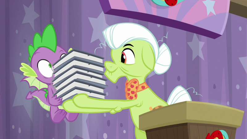 Size: 1920x1080 | Tagged: safe, derpibooru import, screencap, granny smith, spike, dragon, earth pony, pony, a trivial pursuit, assistant, baby, baby dragon, bags under eyes, book, claws, duo, elderly, female, floppy ears, flying, granny smith's scarf, hair bun, host, male, mare, shrunken pupils, smiling, spread wings, straining, underfoot, winged spike, wings, wrinkles