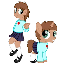 Size: 3000x3000 | Tagged: safe, artist:peternators, derpibooru import, oc, oc:heroic armour, human, pony, unicorn, clothes, colt, crossdressing, cute, humanized, looking at each other, male, mary janes, miniskirt, pleated skirt, self paradox, self ponidox, shoes, simple background, skirt, socks, sweater, thumbs up, transparent background