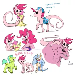 Size: 5000x5000 | Tagged: safe, artist:the-blackeye, derpibooru import, li'l cheese, pinkie pie, oc, oc:mechika, ponified, alien, earth pony, hybrid, pony, unicorn, the last problem, bag, baking, black sclera, blank flank, cap, cloven hooves, crack shipping, crossover, crossover shipping, cutie mark, dragon ball z, female, hat, long tail, majin buu, male, mare, saddle bag, sharp teeth, shipping, sketch, sketch dump, stallion, teeth, what if