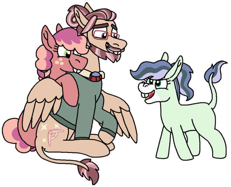 Size: 995x803 | Tagged: artist:kindheart525, beard, derpibooru import, donkey, facial hair, glasses, hybrid, kindverse, mule, oc, oc:amphritite, oc:chelsea, oc:solomon, offspring, parent:moondancer, parent:oc:honeycrisp, parent:oc:solomon, parents:oc x oc, pegamule, safe, simple background, transparent background