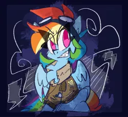 Size: 1752x1609 | Tagged: safe, artist:nekosnicker, derpibooru import, rainbow dash, pegasus, pony, abstract background, bomber jacket, clothes, eye clipping through hair, female, goggles, jacket, looking at you, mare, no pupils, sharp teeth, sitting, smiling, solo, spread wings, teeth, wings