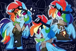 Size: 2048x1386 | Tagged: safe, artist:nekosnicker, derpibooru import, rainbow dash, pegasus, pony, bomber jacket, clothes, eye clipping through hair, female, goggles, jacket, no pupils, sharp teeth, solo, teeth