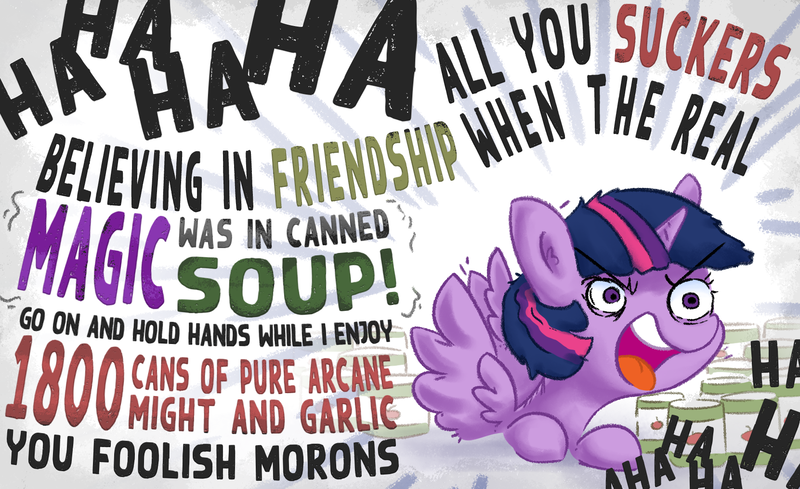 Size: 1661x1015 | Tagged: safe, artist:adequality, artist:tjpones, derpibooru import, twilight sparkle, twilight sparkle (alicorn), alicorn, pony, food, insanity, laughing, solo, soup, tongue out, twibitch sparkle, twilight snapple, twilynanas, wat