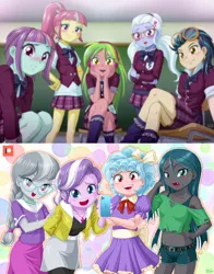 Size: 1200x1534 | Tagged: safe, artist:uotapo, derpibooru import, edit, cozy glow, diamond tiara, indigo zap, lemon zest, queen chrysalis, silver spoon, sour sweet, sugarcoat, sunny flare, equestria girls, adoraflare, bedroom eyes, belly button, blushing, bra, classroom, clothes, cozybetes, crossed arms, crossed legs, crystal prep academy uniform, cute, cutealis, diamondbetes, dress, female, glasses, goggles, hand on hip, looking at you, midriff, miniskirt, mobile phone, open mouth, phone, pleated skirt, school uniform, shadow five, short shirt, shorts, silverbetes, skirt, smartphone, smiling, sourbetes, sugarcute, underwear, younger, zapabetes, zestabetes