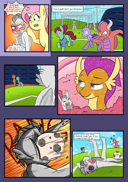 Size: 2893x4092 | Tagged: safe, artist:mustachedbain, derpibooru import, fluttershy, ocellus, smolder, oc, oc:august, oc:rexion, changedling, changeling, dragon, earth pony, pegasus, pony, comic:my dragon children, ball, blushing, bruised, comic, distracted, dragon oc, giving up the ghost, swirly eyes